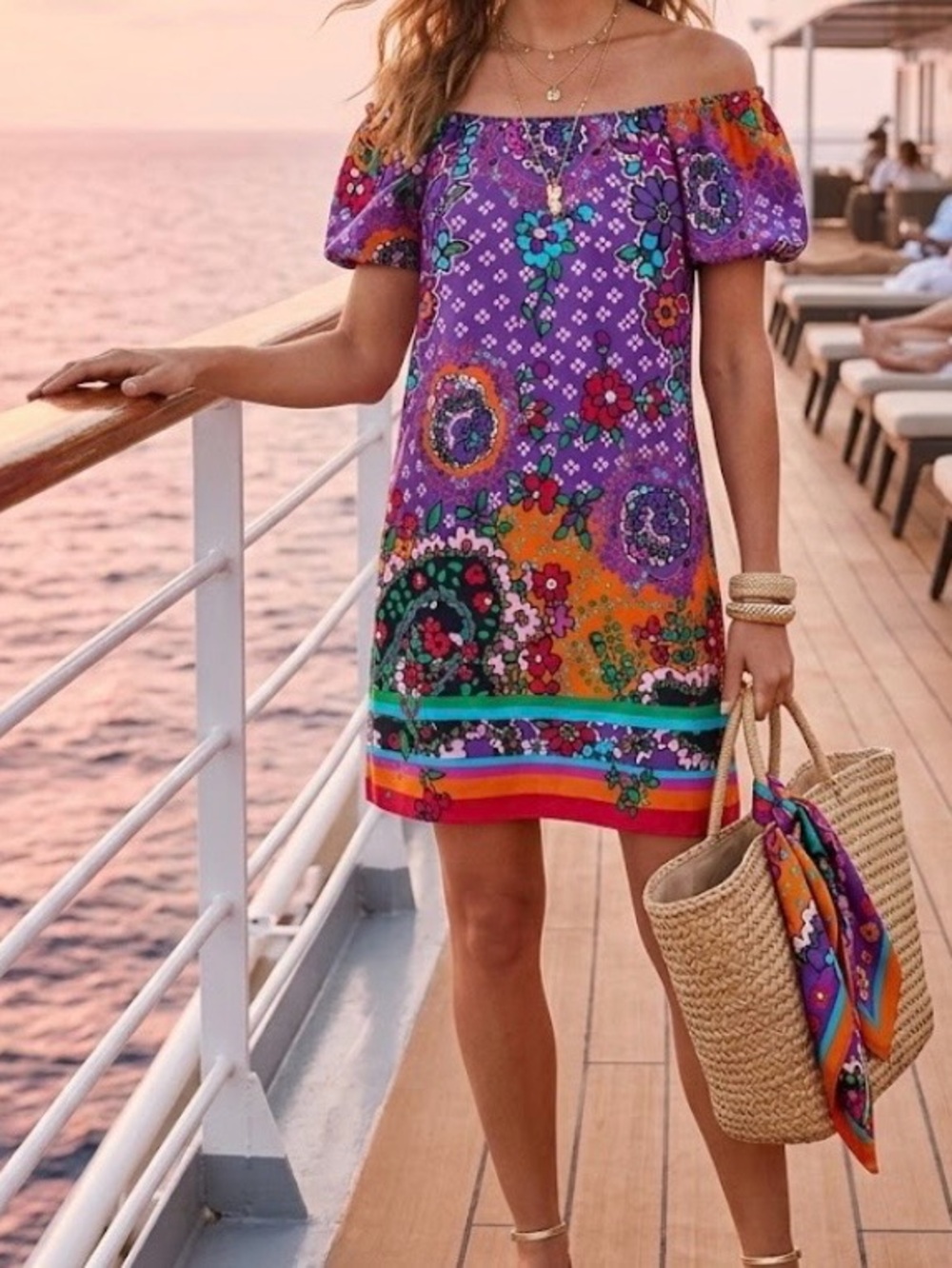 Uncle Frank boho floral off shoulder mini dress colorful beachy small